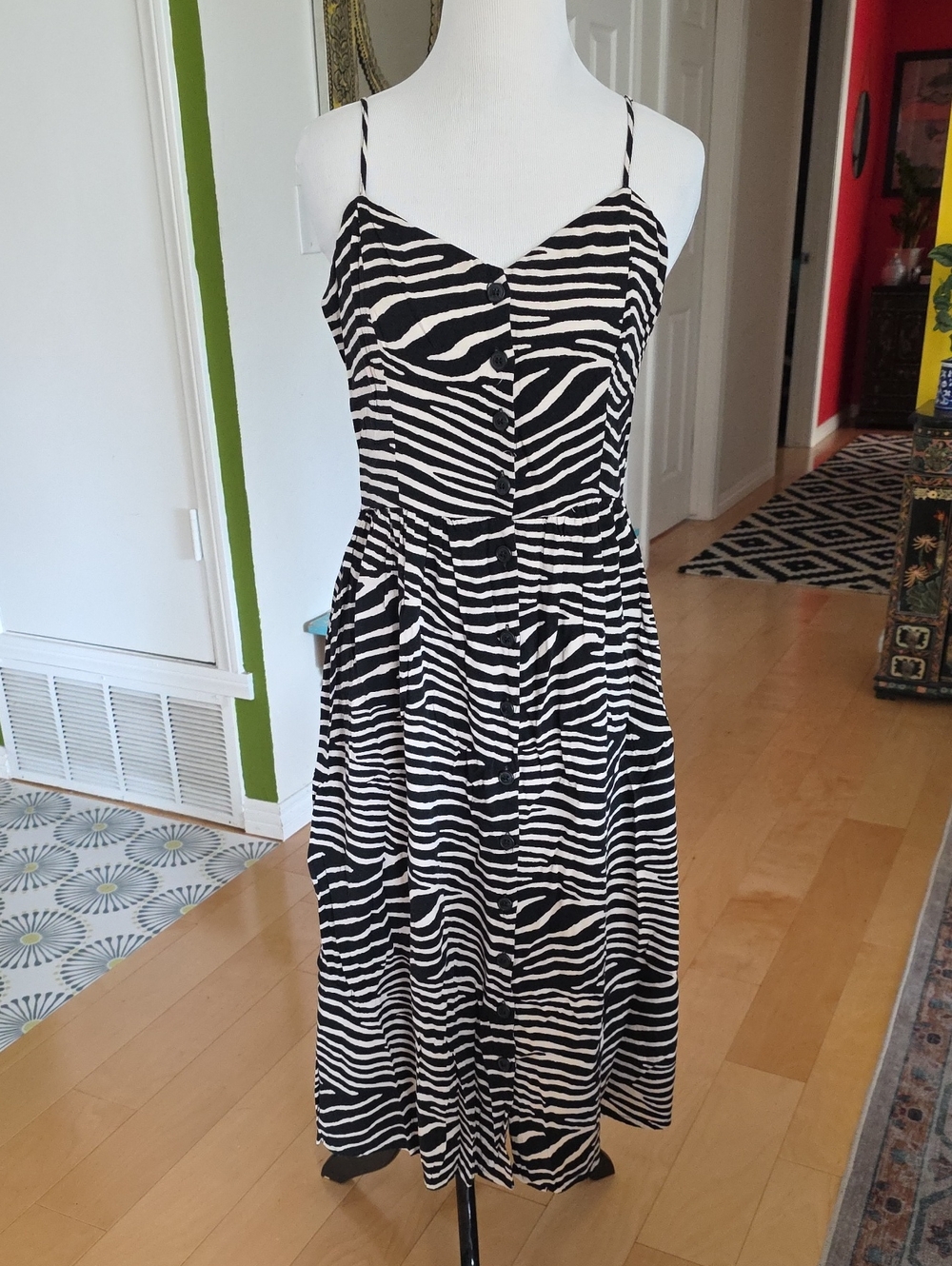 H&M Black and White Zebra Midi Dress with Spaghetti Straps